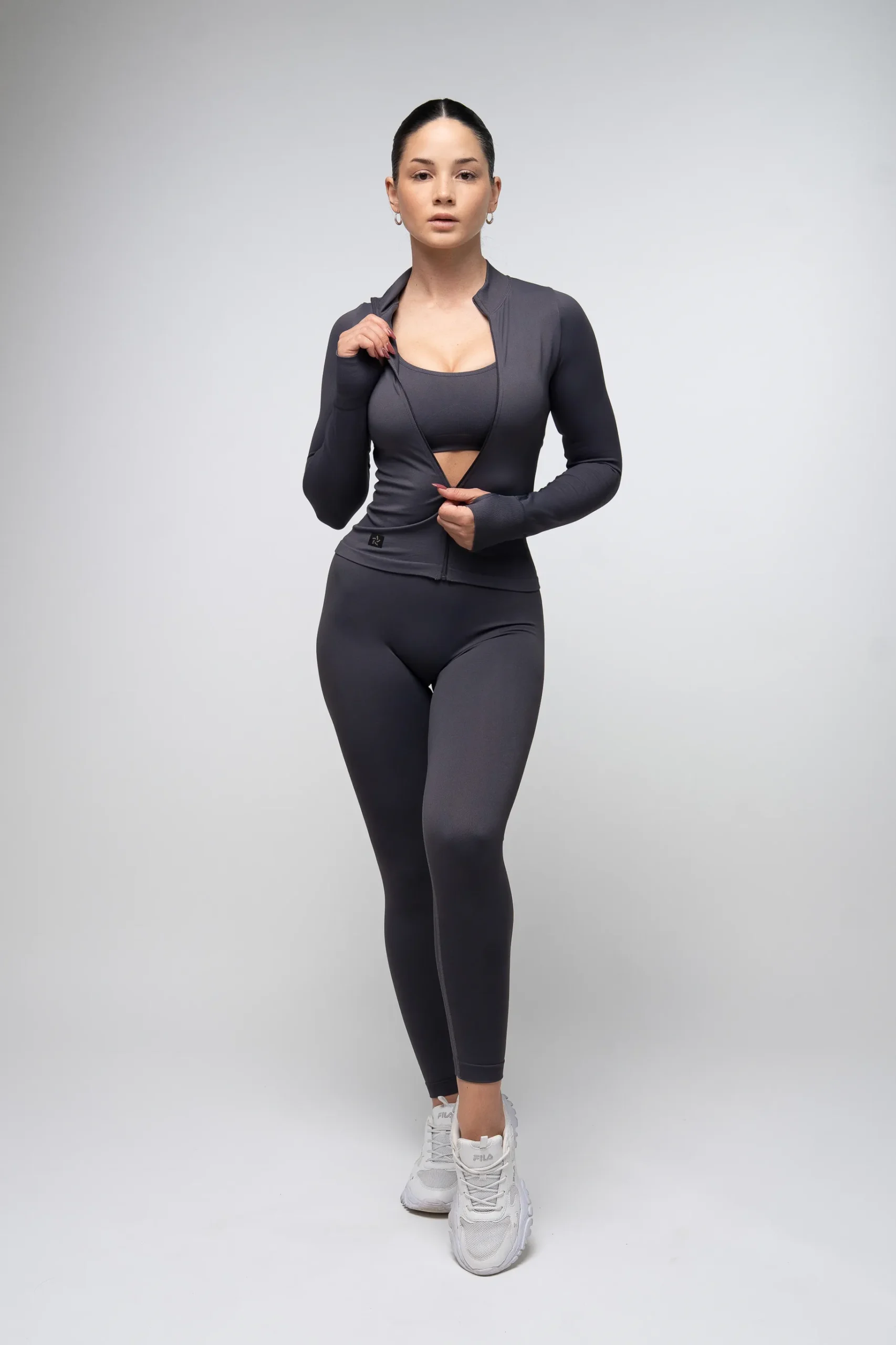 Zestaw bluza, top, legginsy bezszwowy push-up V-cut ciemnoszary